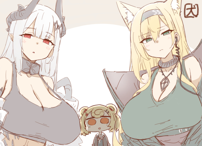 3girls akanotanin13 animal_ears arknights bear_ears blonde_hair breast_envy breasts chibi cleavage crop_top earpiece elite_ii_(arknights) green_eyes gummy_(arknights) hairband horn_(arknights) horns jewelry large_breasts long_hair mudrock_(arknights) mudrock_(elite_ii)_(arknights) multiple_girls pendant pointy_ears red_eyes signature white_hair wolf_ears