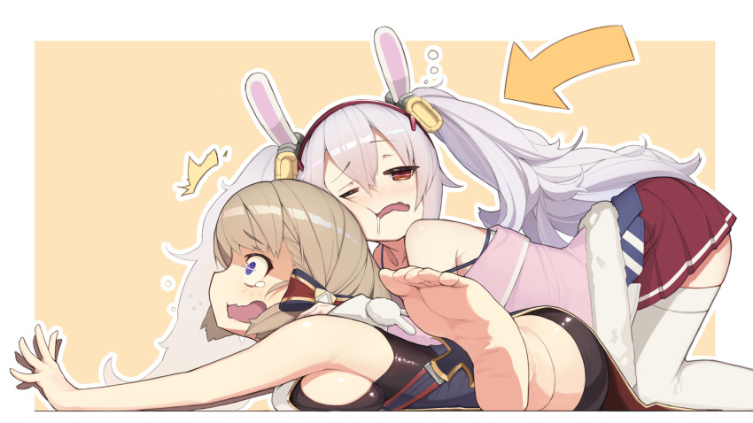 2girls animal_ears armpit_crease assisted_stretching azur_lane bare_shoulders bike_shorts blonde_hair blue_eyes blush bow breasts commentary_request cross drooling fake_animal_ears feet from_side fur-trimmed_jacket fur_trim grey_hair hair_between_eyes hair_bow highres iron_cross jacket laffey_(azur_lane) long_hair medium_breasts multiple_girls nose_blush one_eye_closed open_clothes open_jacket pain pink_jacket profile rabbit_ears red_eyes red_skirt saliva short_hair sideboob sitting_split skirt soles split stretching surprised tearing_up thighhighs toes twintails white_thighhighs yohia z23_(azur_lane)