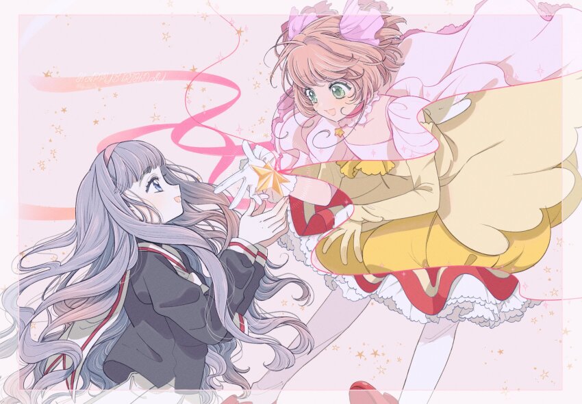 2girls bad_id bad_twitter_id brown_hair cardcaptor_sakura daidouji_tomoyo dress gloves green_eyes grey_eyes grey_hair hairband highres kinomoto_sakura kinomoto_sakura_(astral_sakura) kinomoto_sakura_(magician) kinomoto_sakura_(miraculous_sakura) long_hair looking_at_another magical_girl multiple_girls open_mouth ribbon rii2a77ru school_uniform serafuku short_hair smile sparkle tomoeda_elementary_school_uniform tomoeda_middle_school_uniform white_gloves yellow_dress