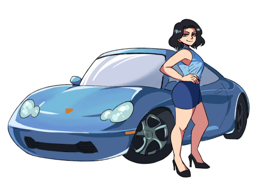 1girl bare_arms bare_shoulders black_hair blue_skirt breasts car cars_(movie) curvy full_body green_eyes hand_on_own_hip high_heels highres medium_breasts medium_hair miniskirt motor_vehicle no_socks pencil_skirt personification porsche_911 porsche_996 pumps sally_carrera shirt skirt sleeveless sleeveless_shirt smile solo tina_fate vehicle_and_personification vehicle_focus
