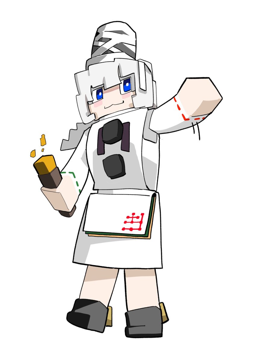 1girl :3 black_boots blue_eyes boots bright_pupils closed_mouth commentary_request dress full_body hat highres holding holding_torch japanese_clothes kariginu korean_commentary long_hair looking_at_viewer minecraft minecraft_(style) mononobe_no_futo ohlghohlgh pom_pom_(clothes) ribbon-trimmed_sleeves ribbon_trim simple_background smile solo standing tate_eboshi torch touhou white_background white_dress white_hair white_pupils