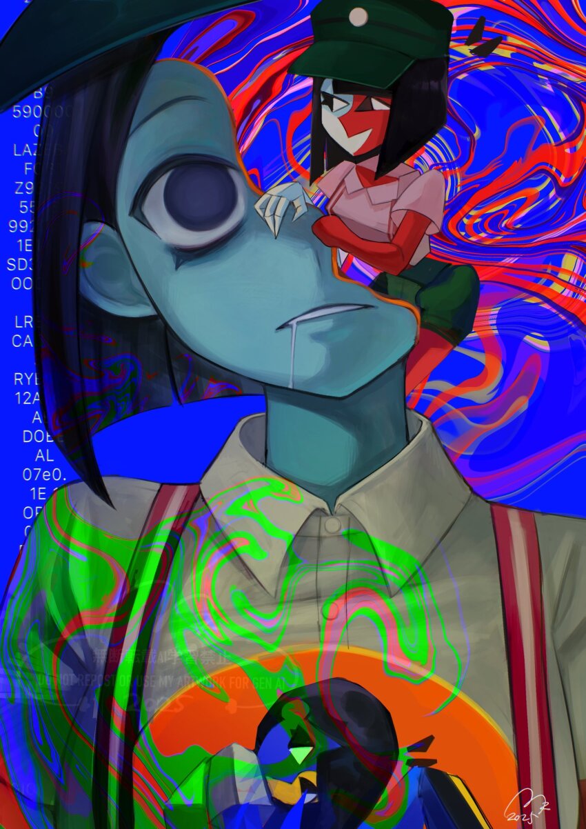 3girls black_hair blue_skin blunt_bangs blunt_ends bob_cut colored_skin drooling ena:_dream_bbq ena_(dream_bbq) ena_(ena) ena_(series) ena_(species) green_hat hangover_ena hat highres hole_in_chest hole_on_body looking_at_viewer mini_person multicolored_skin multiple_girls red_skin salesperson_ena shirt short_hair short_sleeves shorts smile split-color_skin surreal two-tone_skin usagimarumei