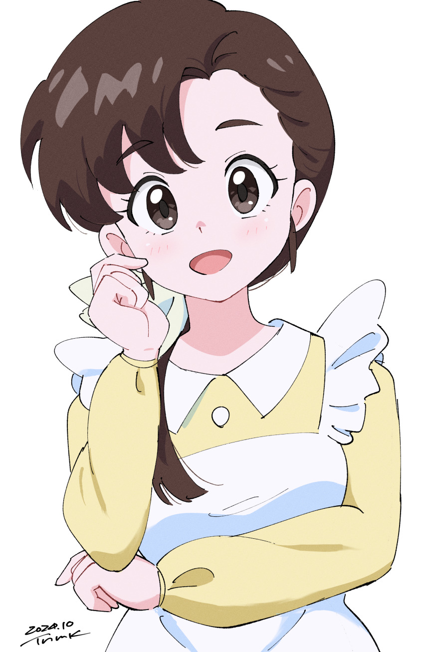 1girl :d absurdres apron artist_name asymmetrical_bangs blush bow breasts brown_eyes brown_hair collared_shirt commentary dated eyelashes film_grain frilled_apron frills hair_behind_ear hair_bow hair_over_shoulder hand_on_own_elbow hand_up highres light_blush long_hair long_sleeves medium_breasts open_mouth ponytail ranma_1/2 scratching_cheek shirt sidelocks signature simple_background smile solo standing straight-on swept_bangs tendou_kasumi tsunemoku upper_body white_apron white_background white_trim yellow_bow