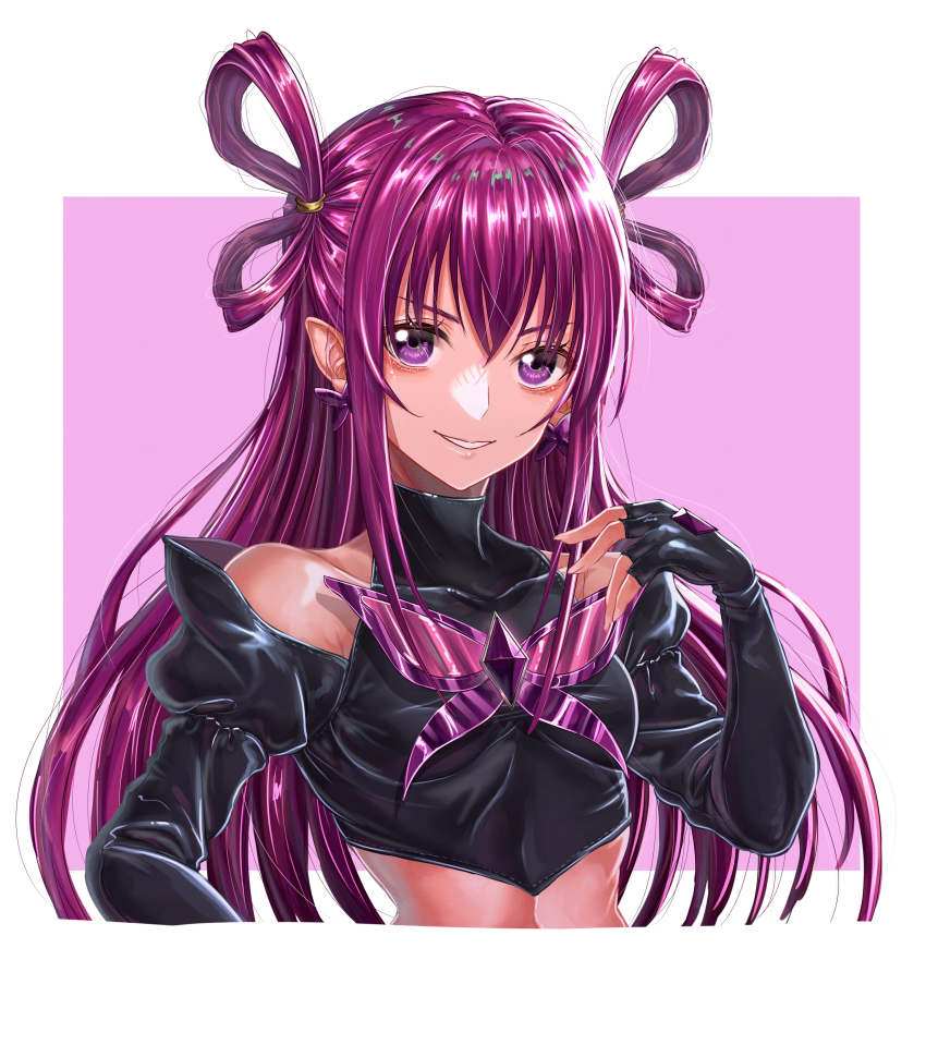 absurdres butterfly_brooch commentary_request crop_top dark_cure_(yes!_precure_5) dark_dream detached_sleeves earrings hair_rings highres jewelry long_hair pink_eyes pink_hair pointy_ears precure sakana_sakanama smile yes!_precure_5