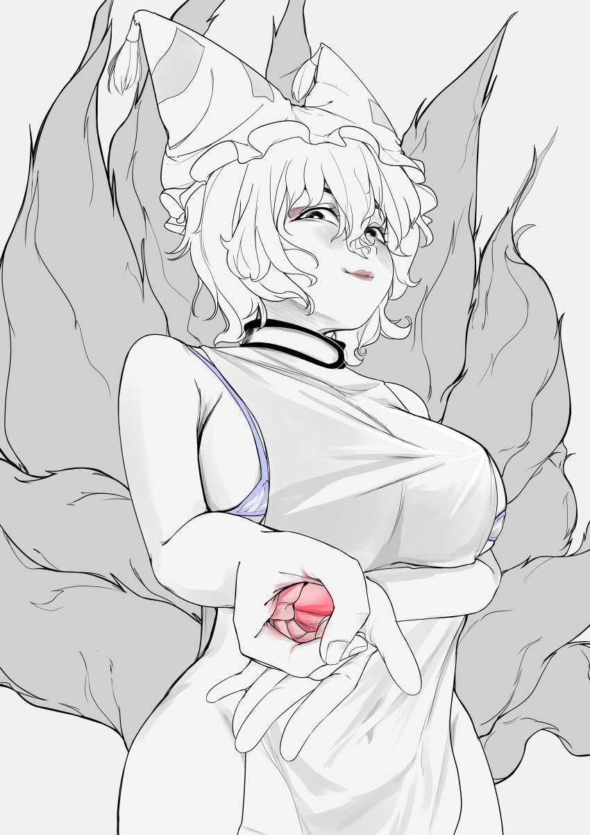 1girl absurdres bikini bikini_top_only blush breasts cowboy_shot eyeliner facing_viewer fox_girl fox_tail greyscale handjob_gesture hat highres large_breasts lipstick looking_at_viewer makeup micro_bikini mob_cap monochrome no_panties pyy60 red_lips short_hair smile solo spot_color swimsuit tabard tail touhou yakumo_ran