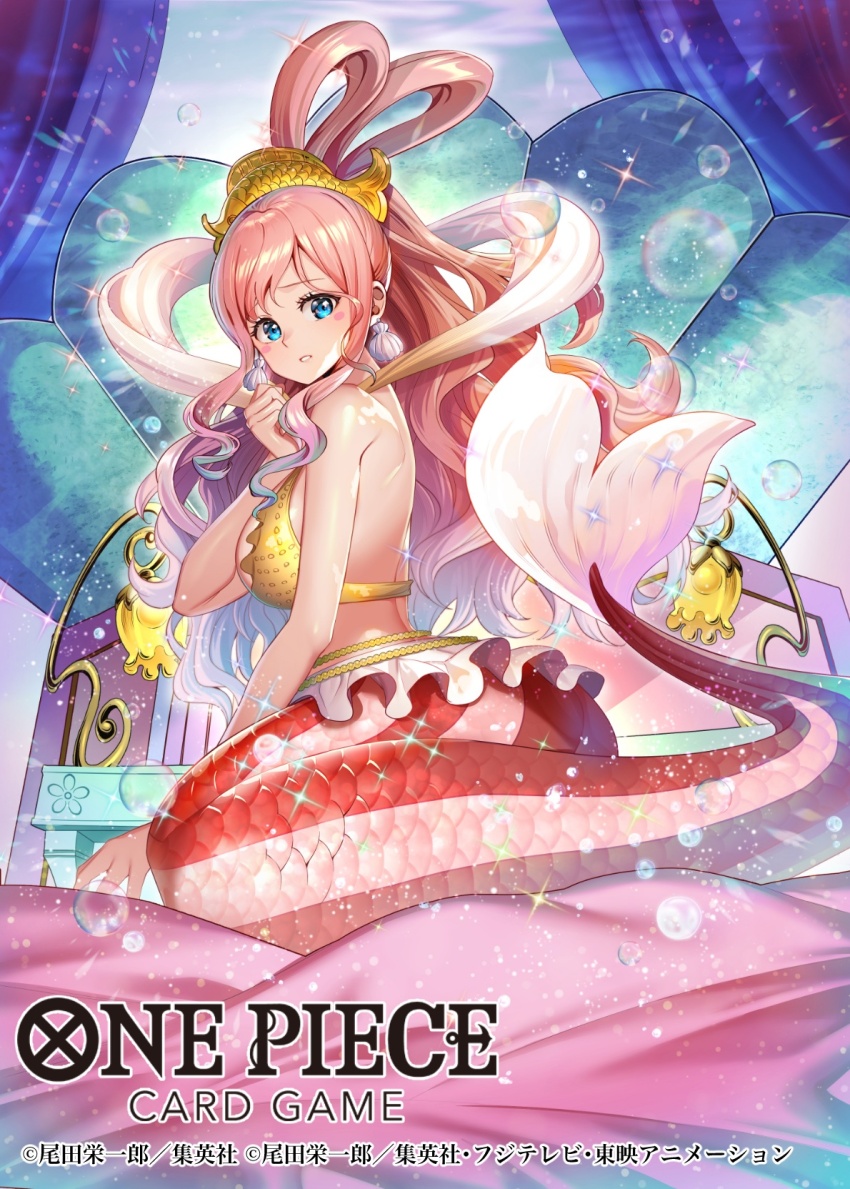 1girl bashikou blue_eyes blush_stickers commentary_request copyright_name earrings fish_hair_ornament hagoromo hair_ornament half_updo highres jewelry looking_at_viewer mermaid monster_girl official_art one_piece one_piece_card_game pink_hair shawl shell shell_earrings shirahoshi sidelocks solo swept_bangs