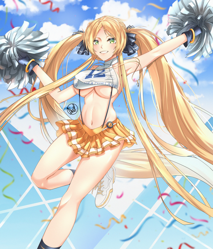 1girl absurdres azur_lane blonde_hair bracelet breasts cheerleader confetti gloves green_eyes highres hornet_(azur_lane) hornet_(cheering_justice!)_(azur_lane) jewelry jumping long_hair looking_at_viewer nathoart official_alternate_costume pleated_skirt skirt smile suspender_skirt suspenders twintails underboob very_long_hair whistle whistle_around_neck