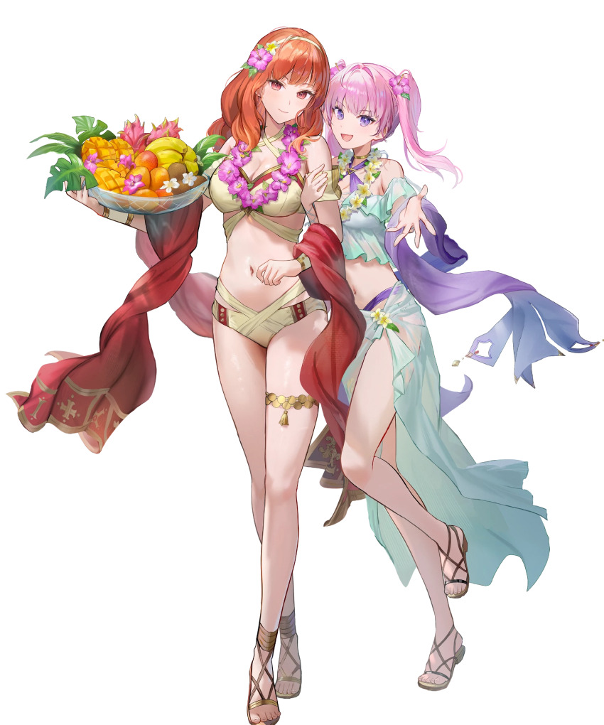 2girls bikini bowl breasts celica_(fire_emblem) celica_(summer)_(fire_emblem) cleavage criss-cross_halter fire_emblem fire_emblem:_the_blazing_blade fire_emblem_echoes:_shadows_of_valentia flower food fruit fruit_bowl grabbing_another&#039;s_arm hair_flower hair_ornament halterneck highres holding holding_bowl looking_at_viewer medium_breasts multiple_girls navel nintendo non-web_source official_alternate_costume official_art open_mouth pink_hair purple_eyes red_eyes red_hair red_shawl sandals sarong see-through_clothes see-through_sarong serra_(fire_emblem) serra_(summer)_(fire_emblem) shawl smile swimsuit tachi-e twintails white_bikini yellow_bikini