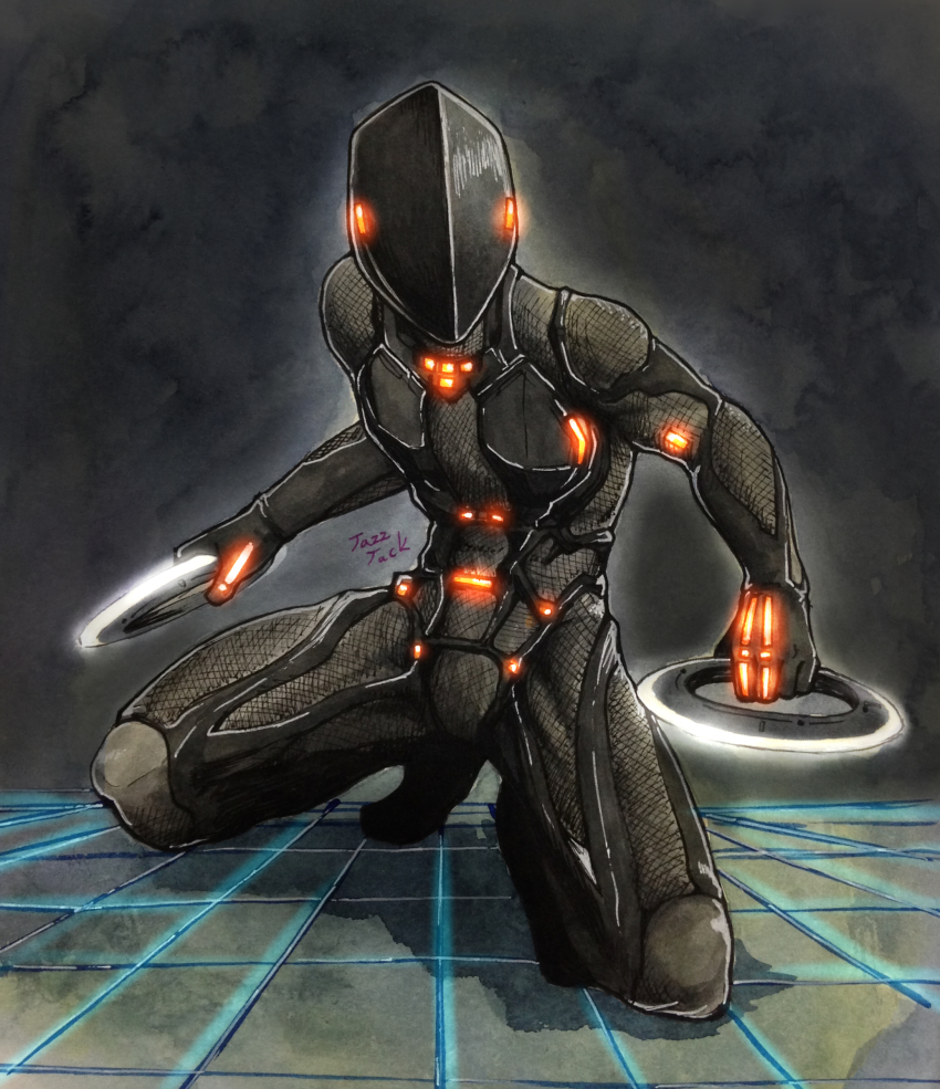 1boy absurdres artist_name bodysuit disc_(tron) dual_wielding gloves helmet highres holding jazz_jack kneeling male_focus neon_lights neon_trim rinzler solo squatting tron tron:_legacy