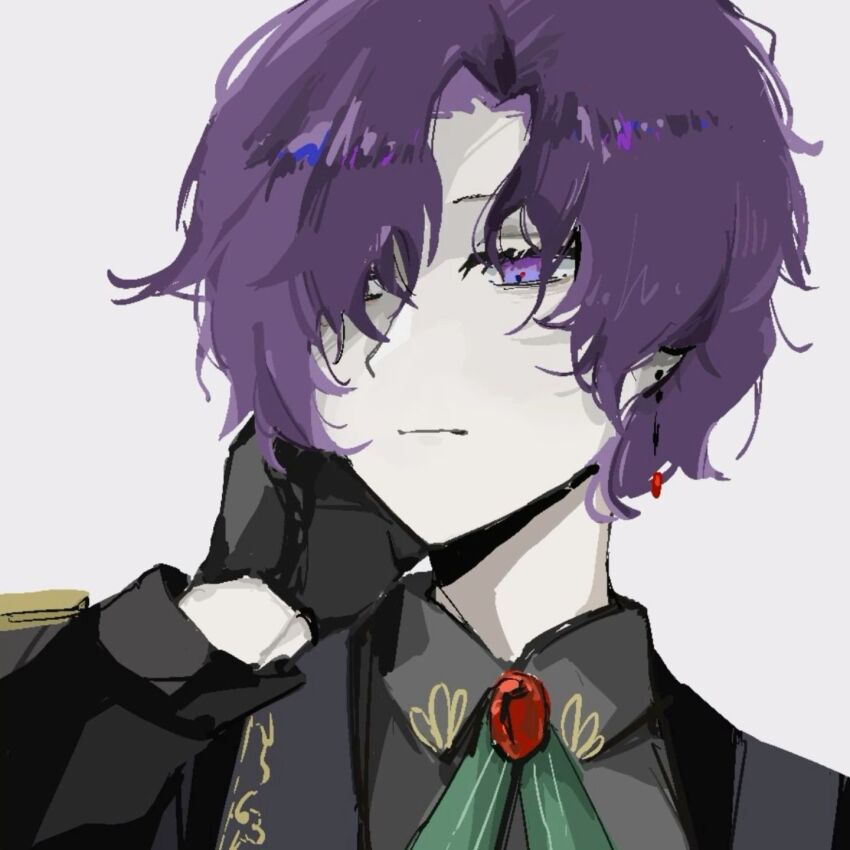 1girl androgynous asahina_mafuyu black_gloves blush closed_mouth collared_shirt earrings epaulettes expressionless gem gloves grey_background highres jewelry long_sleeves official_alternate_costume official_alternate_hair_length official_alternate_hairstyle ouji_fashion project_sekai purple_eyes purple_hair red_brooch red_gemstone relax_teatime_(project_sekai) shirt short_hair simple_background solo