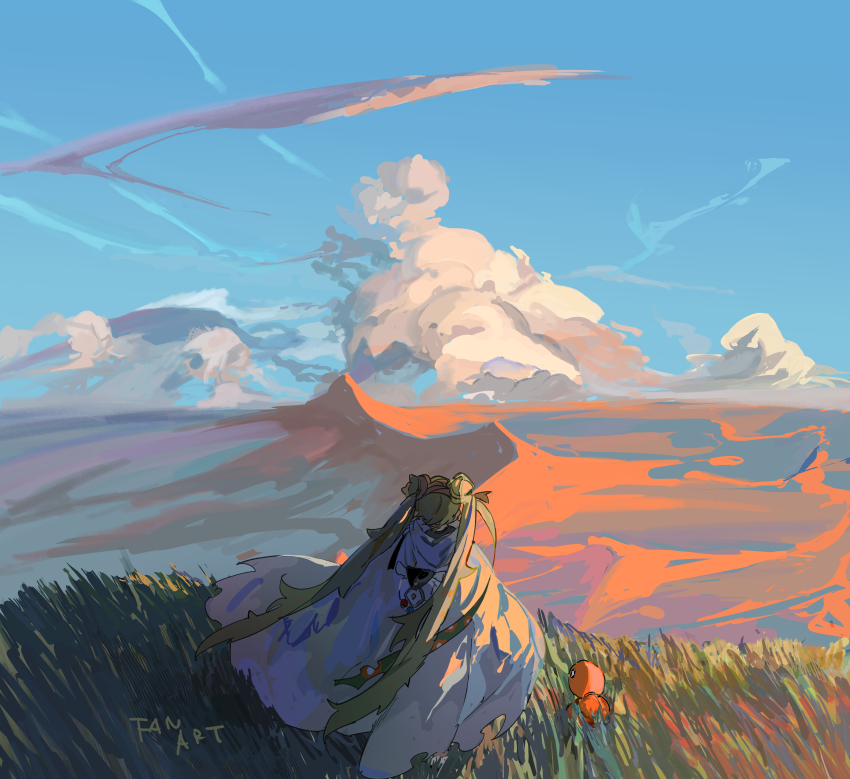 +_+ 1girl absurdres apios black_sclera blue_sky cloud colored_sclera day desert double_bun dress english_text facing_away female_focus from_behind gen_3_pokemon grass great_ball green_hair ground_miku_(project_voltage) hair_bun hatsune_miku highres long_dress long_hair nintendo outdoors poke_ball poke_ball_(basic) pokemon pokemon_(creature) project_voltage sand_dune scenery sidelighting sky trapinch twintails very_long_hair vocaloid white_dress white_eyes