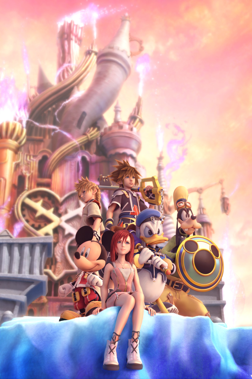 1girl 2boys absurdres castle disney donald_duck everyone furry goofy highres kairi_(kingdom_hearts) kairi_(shery_rakuura) keyblade kingdom_hearts kingdom_hearts_ii mickey_mouse multiple_boys official_art riku_(kingdom_hearts) roxas shield sora_(kingdom_hearts) square_enix staff