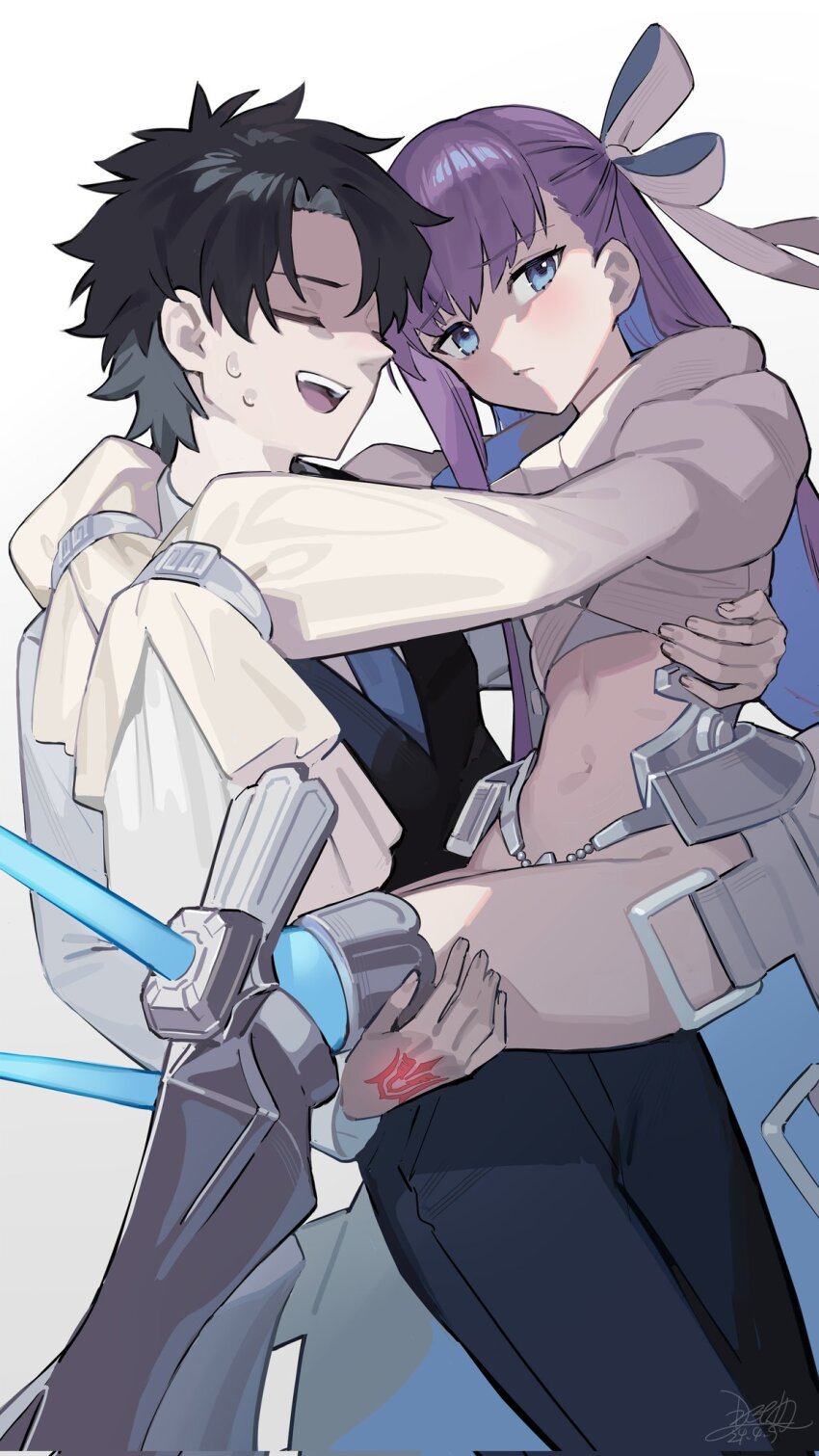 1boy 1girl armor armored_boots black_hair blue_eyes blush boots carrying closed_eyes coat command_spell fate/grand_order fate_(series) fujimaru_ritsuka_(male) fujimaru_ritsuka_(male)_(anniversary_blonde) hair_ribbon highres juliet_sleeves knee_spikes long_hair long_sleeves meltryllis_(third_ascension)_(fate) nao_(syn_eaa) navel necktie official_alternate_costume open_mouth princess_carry prosthesis prosthetic_leg puffy_sleeves purple_hair revealing_clothes ribbon shirt short_hair sleeves_past_fingers sleeves_past_wrists smile spikes sweatdrop very_long_hair vest white_coat white_ribbon