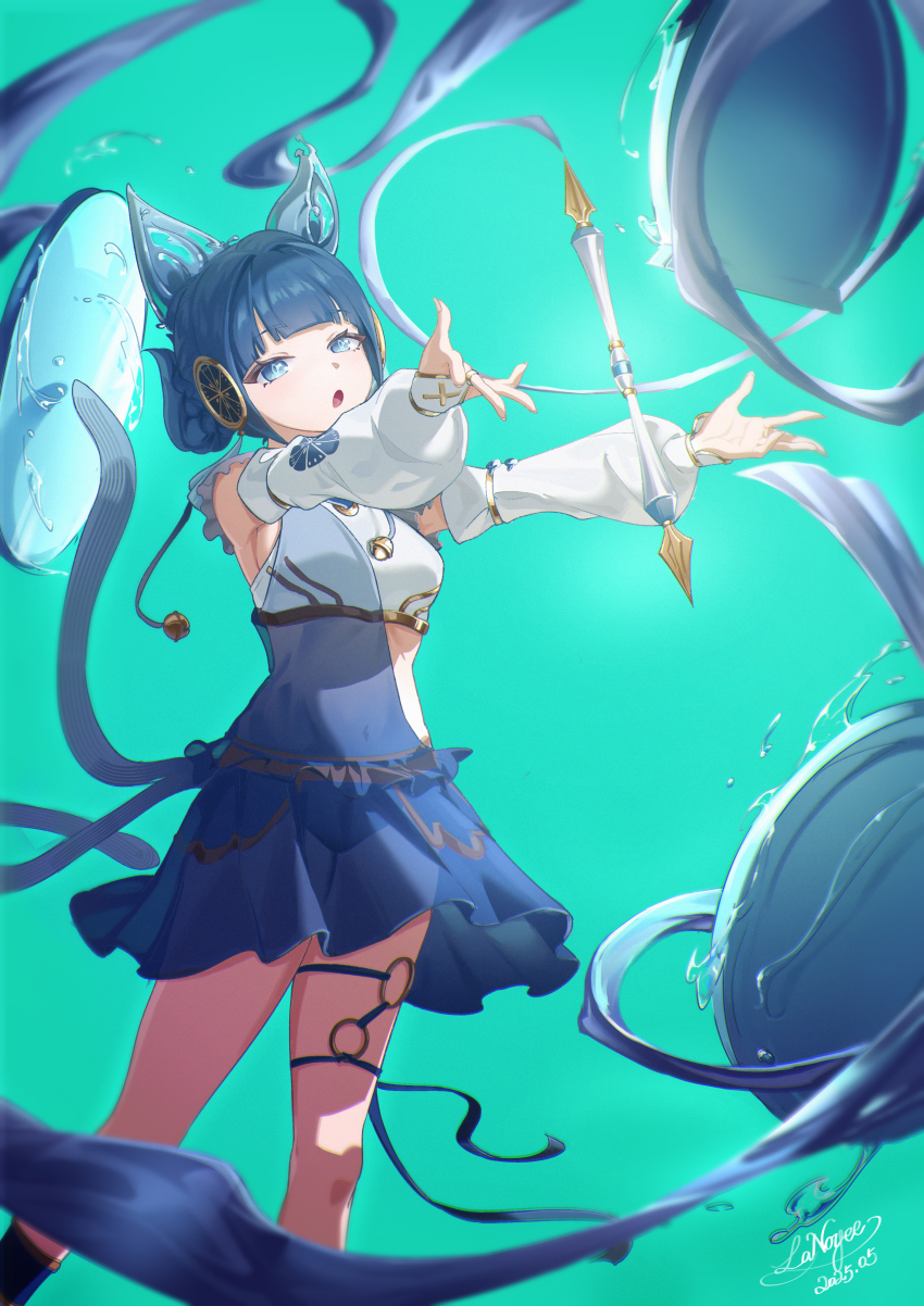 1girl absurdres animal_ears artist_name asymmetrical_dress bell blue_background blue_dress blue_eyes blue_hair blue_theme breasts cat_ears cat_girl cat_tail commentary covered_navel dated detached_sleeves dress duel_monster feet_out_of_frame floating floating_object highres jingle_bell lanoyee mirror multiple_tails nekomata ni-ni_the_mirror_mikanko outstretched_arms see-through_clothes see-through_dress sideboob signature solo tail two_tails yu-gi-oh!