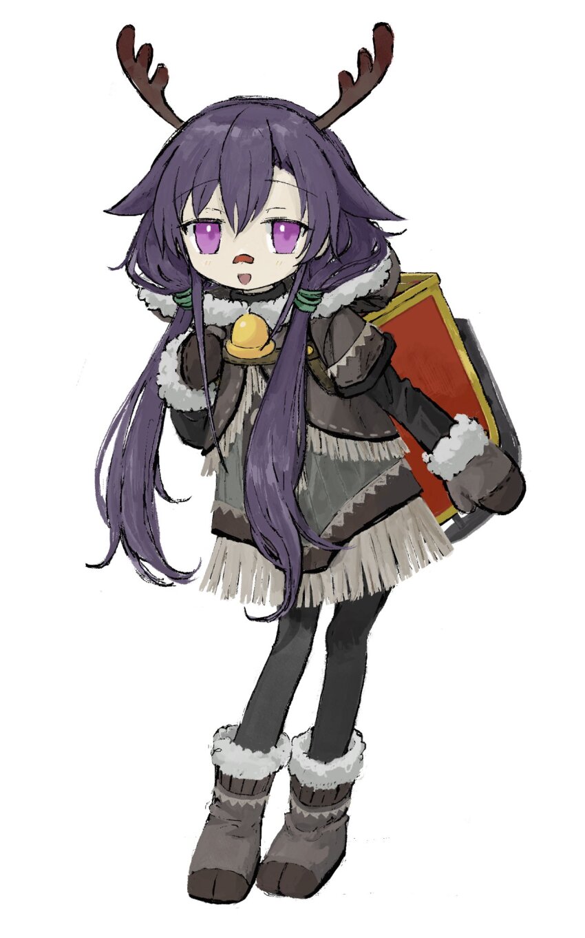 1girl antlers backpack bag bandaid bandaid_on_face bandaid_on_nose bell black_pantyhose boots brown_boots brown_jacket brown_mittens cropped_jacket dress fringe_trim fur-trimmed_boots fur-trimmed_hood fur-trimmed_sleeves fur_trim goshiki_agiri green_dress hair_flaps hair_over_shoulder hand_up highres hitonatz hood hooded_jacket horns jacket kill_me_baby kirara_fantasia leaning_forward looking_at_viewer low_twintails mittens neck_bell open_mouth pantyhose purple_eyes purple_hair reindeer_antlers short_dress simple_background smile solo standing twintails white_background