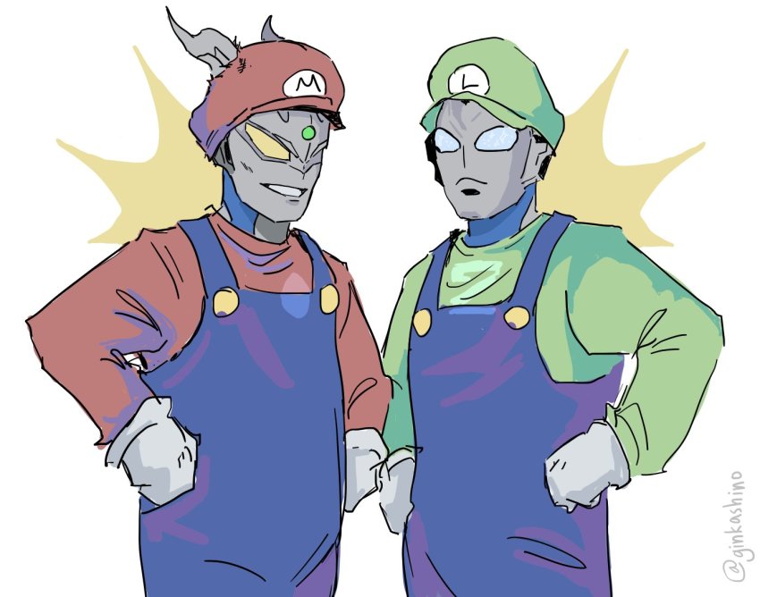 2boys alien blue_eyes blue_overalls cosplay frown ginka_(ginkashino) green_headwear green_shirt hatanaka_tasuku luigi luigi_(cosplay) male_focus mario mario_(cosplay) mario_(series) miyano_mamoru multiple_boys nintendo overalls parted_lips red_headwear red_shirt shirt smile the_super_mario_bros._movie tokusatsu twitter_username ultra_series ultraman_z ultraman_z_(original) ultraman_z_(series) ultraman_zero voice_actor_connection