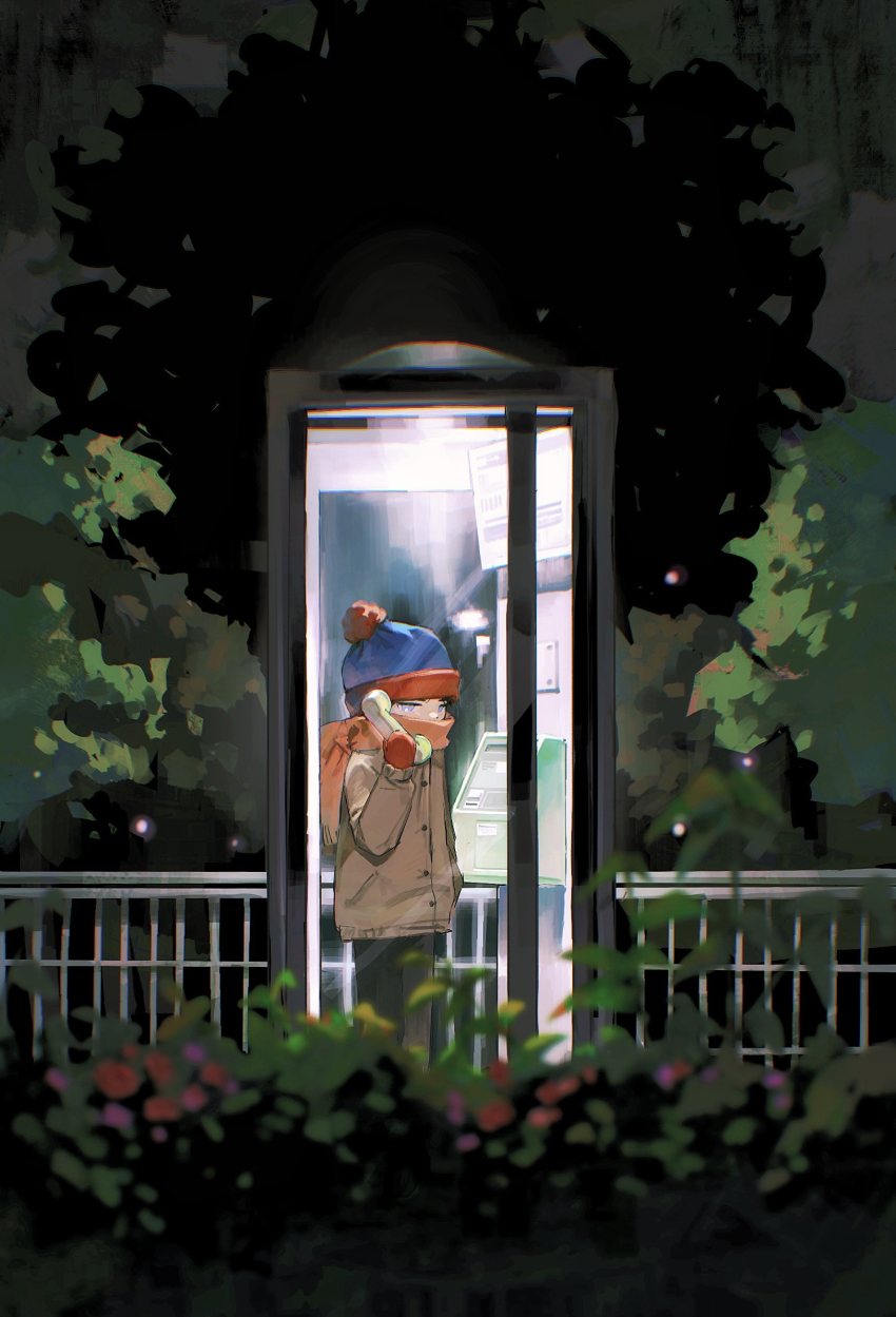 1boy beanie black_hair blue_eyes blue_hat blurry blurry_foreground brown_jacket bush chun_baii corded_phone fence hat highres jacket male_focus mittens night orange_scarf phone phone_booth pom_pom_(clothes) pom_pom_beanie red_mittens scarf solo south_park stan_marsh standing talking_on_phone wide_shot