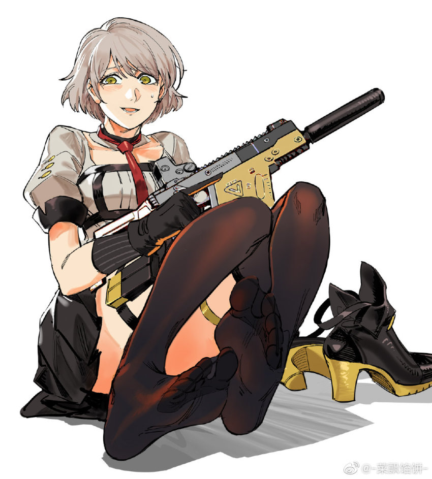1girl black_skirt chinese_commentary commentary_request feet foot_focus foreshortening full_body girls&#039;_frontline gloves green_eyes gun high_heels holding holding_gun holding_weapon juliet_sleeves kriss_usa kriss_vector light_brown_hair long_sleeves looking_at_viewer magpul necktie nervous_smile no_shoes open_mouth pleated_skirt puffy_sleeves red_necktie ruukii_drift shoes short_hair short_sleeves silencerco simple_background sitting skirt smile solo submachine_gun suppressor sweatdrop thighhighs transformational_defense_industries trigger_discipline unworn_shoes vector_(girls&#039;_frontline) watermark weapon weibo_watermark white_background
