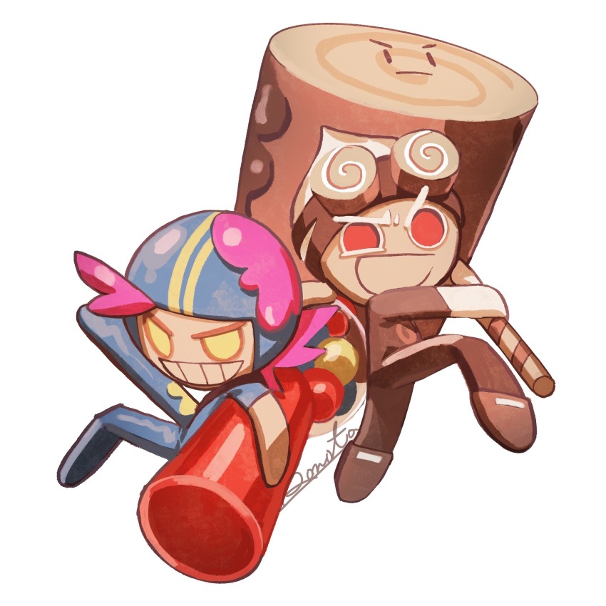 2boys artist_name blue_bodysuit blue_helmet bodysuit brown_pants brown_shirt cookie_run cookie_run:_ovenbreak double_vertical_stripe full_body goggles goggles_on_head grin gumball_cookie gumball_machine hammer helmet highres holding holding_hammer holding_weapon huge_weapon leg_up looking_at_viewer male_focus multiple_boys open_mouth pants pink_hair red_eyes rn9j roll_cake_cookie shirt short_hair short_sleeves simple_background smile uneven_eyes v-shaped_eyebrows weapon white_background white_hair yellow_eyes