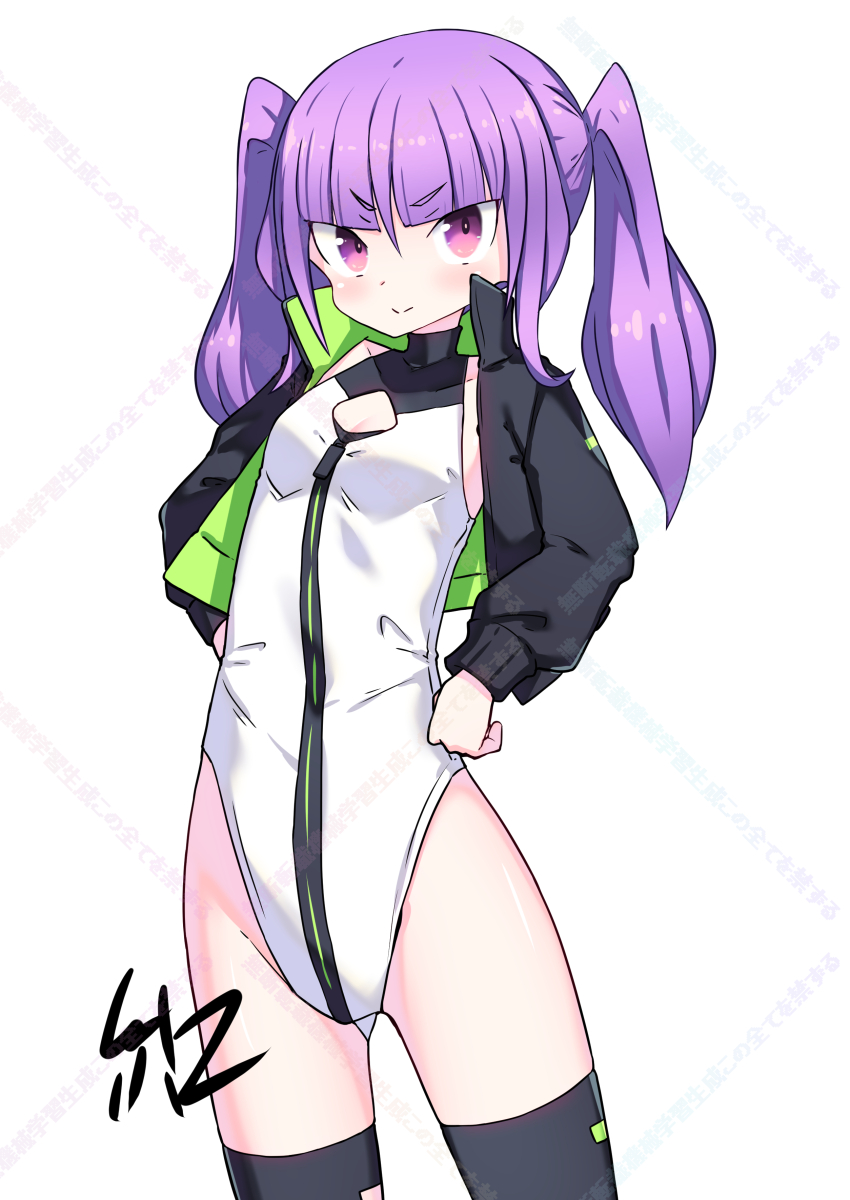 1girl absurdres alice_gear_aegis artist_name ben1shoga black_jacket black_thighhighs blunt_bangs breasts circle_cutout cleavage_cutout clothing_cutout companion/af covered_collarbone front_zipper full-length_zipper hands_on_own_hips heattech_leotard highleg highleg_leotard highres ichijou_ayaka jacket leotard long_hair looking_at_viewer multicolored_leotard purple_eyes purple_hair race_queen simple_background sleeveless_turtleneck_leotard small_breasts solo thighhighs turtleneck twintails two-tone_leotard white_background white_leotard zipper zipper_leotard zipper_pull_tab