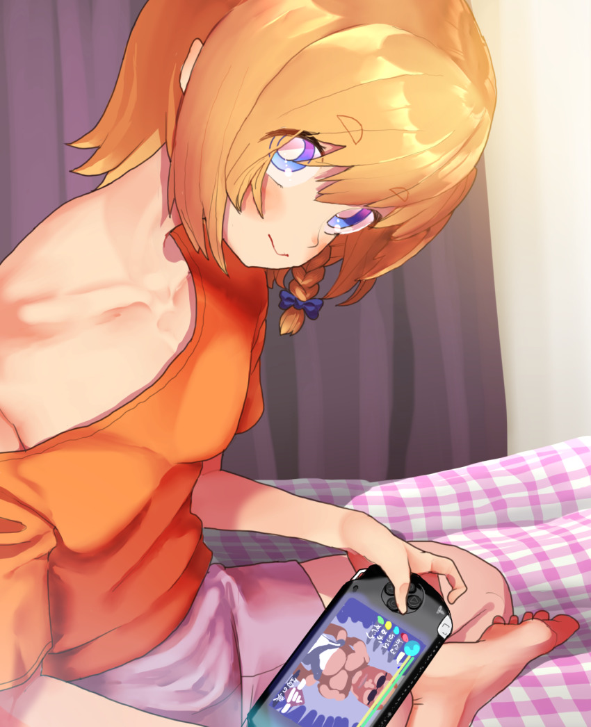 1girl alternate_costume blonde_hair blue_bow blue_eyes blush bow braid bright_pupils closed_mouth collarbone commentary_request cookie_(touhou) foot_out_of_frame hair_between_eyes hair_bow handheld_game_console hentai_kuso_oyaji highres indian_style kirisame_marisa koiso_usu looking_at_viewer manatsu_no_yo_no_inmu meguru_(cookie) off_shoulder orange_shirt pink_shorts playstation_portable shirt short_hair shorts side_braid single_braid sitting smile solo touhou white_pupils