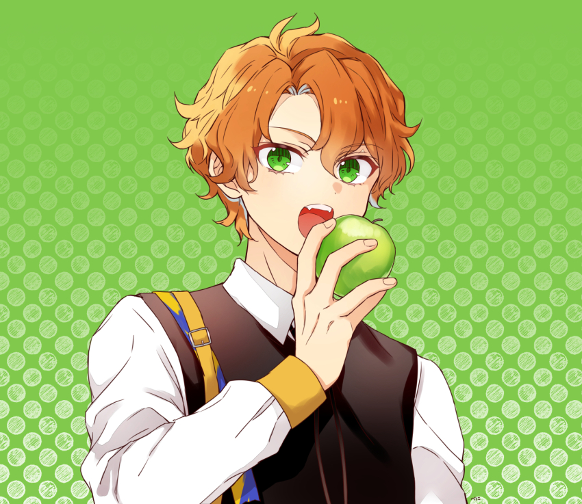 1boy :o apple black_vest bnilst eating food fruit green_apple green_background green_eyes haruka_gakuto highres holding holding_food holding_fruit long_sleeves looking_at_viewer male_focus open_mouth orange_hair short_hair solo uniteup! vest