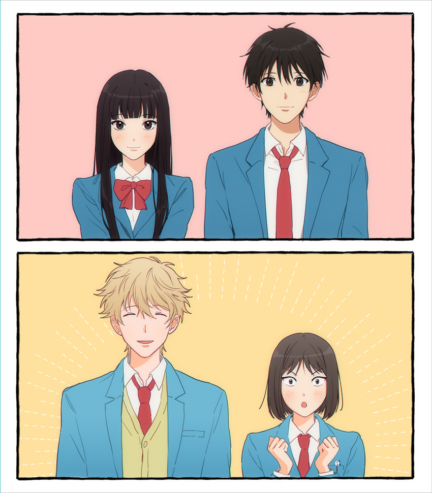 2boys 2girls 2koma black_eyes black_hair blazer blonde_hair blue_jacket blunt_bangs bob_cut bow brown_eyes brown_hair closed_eyes collared_shirt comic crossover highres iwakura_mitsumi jacket kazehaya_shouta kimi_ni_todoke kuronuma_sawako long_hair messy_hair multiple_boys multiple_girls necktie open_mouth red_bow red_necktie school_uniform shima_sousuke shirt short_hair skip_to_loafer smile sophie_(693432) sweater_vest vanilla white_shirt yellow_sweater_vest
