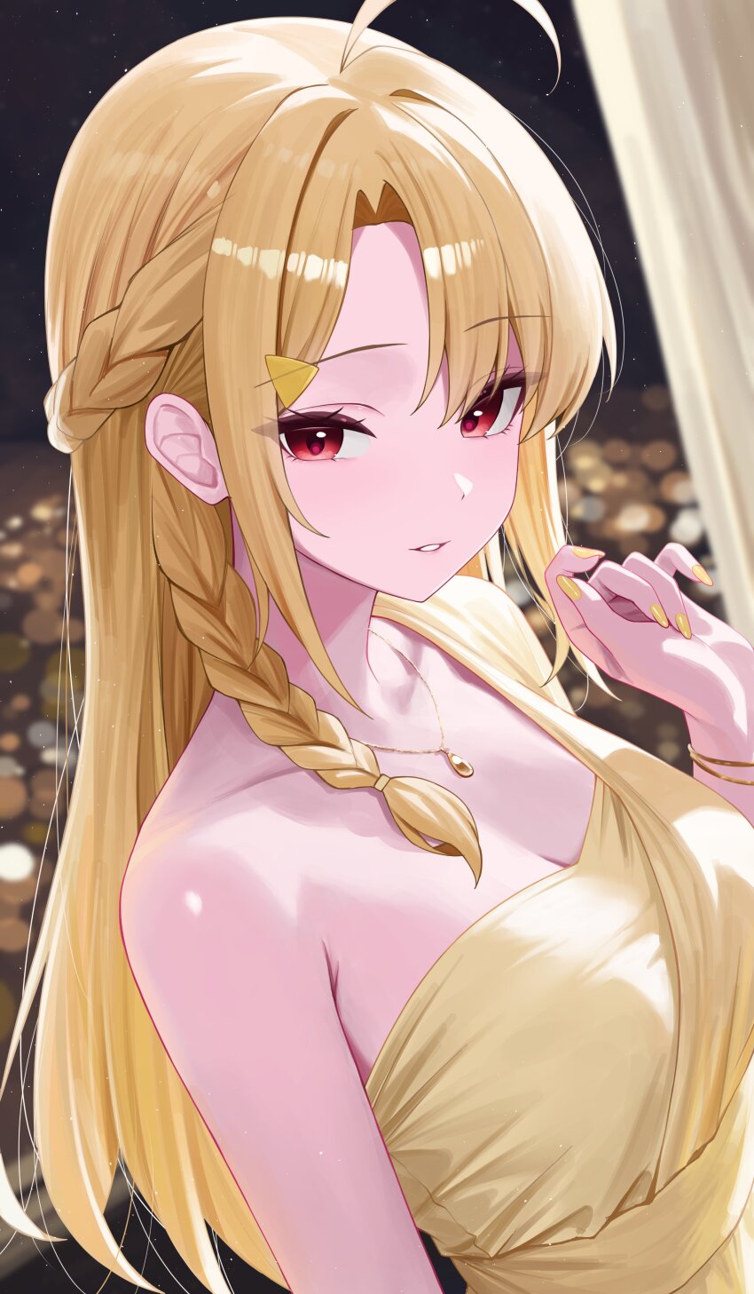1girl absurdres ahoge bare_shoulders blonde_hair blurry blurry_background bokeh braid breasts cleavage commentary depth_of_field dress hand_up highres jewelry jingburger korean_commentary long_hair looking_at_viewer medium_breasts nail_polish necklace parted_lips red_eyes sei_(0724sei6) single_sleeve solo upper_body virtual_youtuber waktaverse yellow_dress yellow_nails