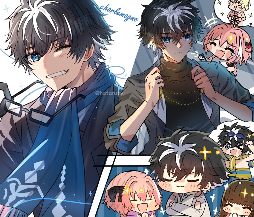 &gt;_o 1girl 3boys :3 ^_^ adjusting_clothes alternate_costume astolfo_(fate) astolfo_(memories_at_trifas)_(fate) black-framed_eyewear black_bow black_hair black_sweater blue_eyes blue_scarf bow brown_hair character_name charlemagne_(brave_king&#039;s_surf_shorts)_(fate) charlemagne_(fate) charlemagne_(three_in_the_black)_(fate) chibi closed_eyes closed_mouth commentary crossed_arms cursive dartboard english_commentary eyewear_on_head fate/extella fate/extra fate/grand_order fate_(series) grey_jacket grin hair_bow happy_tears highres holding holding_removed_eyewear hotaruby jacket kishinami_hakuno_(female) laughing light_blush looking_at_viewer male_focus multicolored_hair multiple_boys one_eye_closed open_clothes open_jacket pink_hair roland_(fate) scarf short_hair smile smug solo_focus sweater tearing_up tears turtleneck turtleneck_sweater twitter_username two-tone_hair unworn_eyewear upper_body white_hair