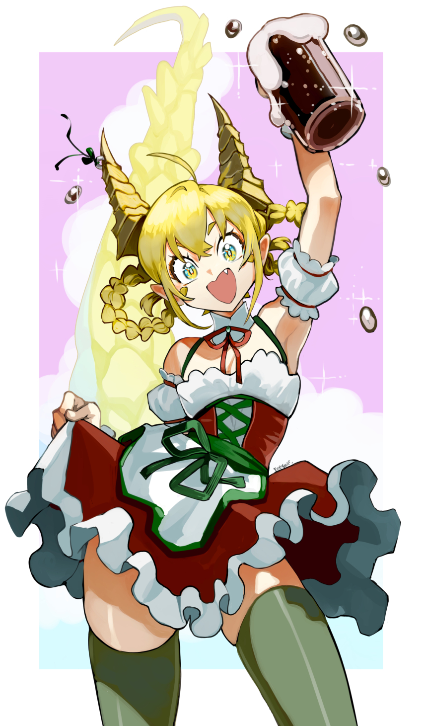 1girl absurdres ahoge alcohol arm_up armband armpits beer beer_mug blonde_hair border braid braided_hair_rings clip_studio_paint_(medium) collar commentary contrapposto cowboy_shot cup detached_collar dress eudetenis fang green_thighhighs hair_between_eyes hair_rings highres holding holding_cup horns long_bangs mug multicolored_dress multicolored_eyes neck_ribbon open_mouth original outside_border pink_background red_ribbon ribbon short_dress sleeveless sleeveless_dress smile solo sparkle standing tail thighhighs two-tone_eyes white_armband white_border white_collar zettai_ryouiki