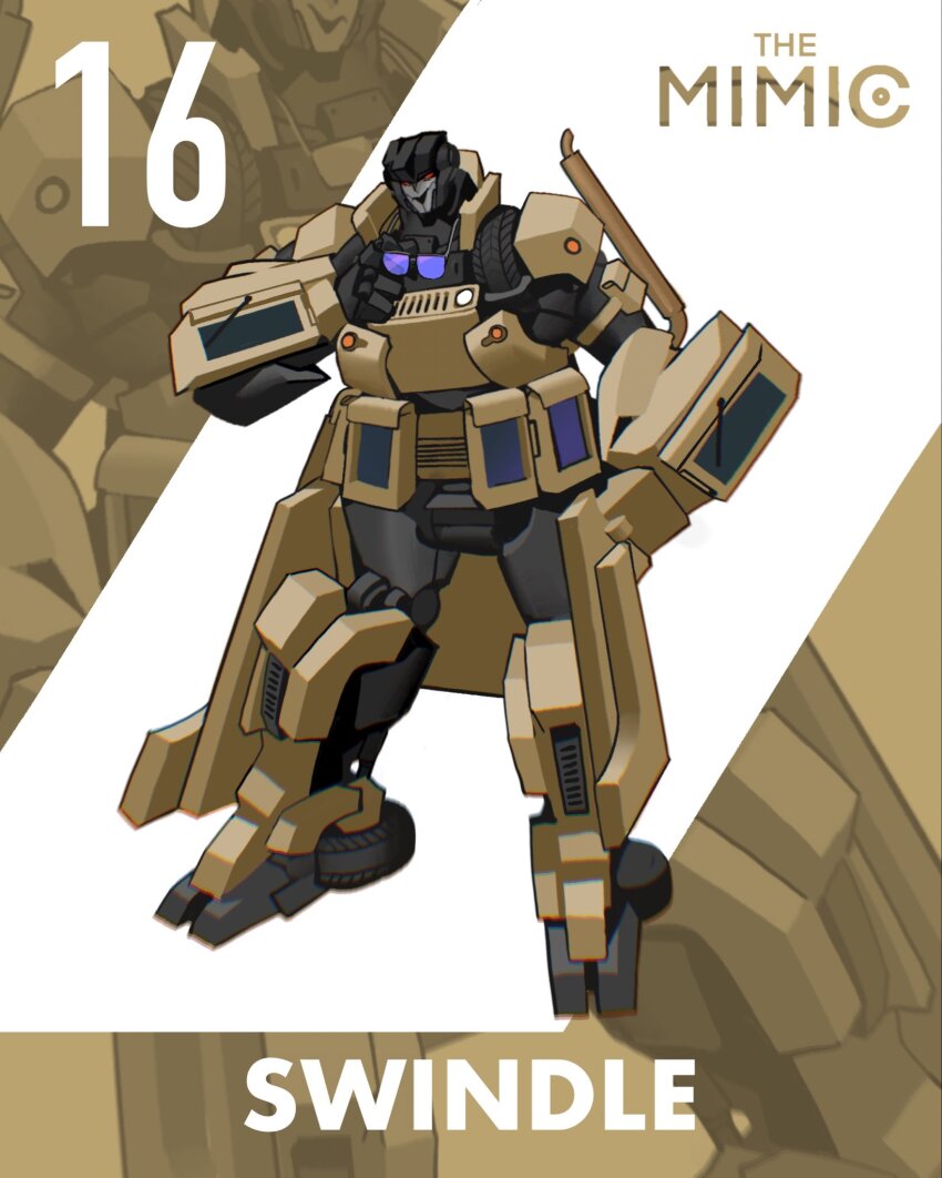 character_name decepticon unworn_eyewear hand_on_own_hip highres holding holding_removed_eyewear kamitoge_supino looking_at_viewer mecha open_mouth robot smile solo sunglasses swindle_(transformers) transformers zoom_layer