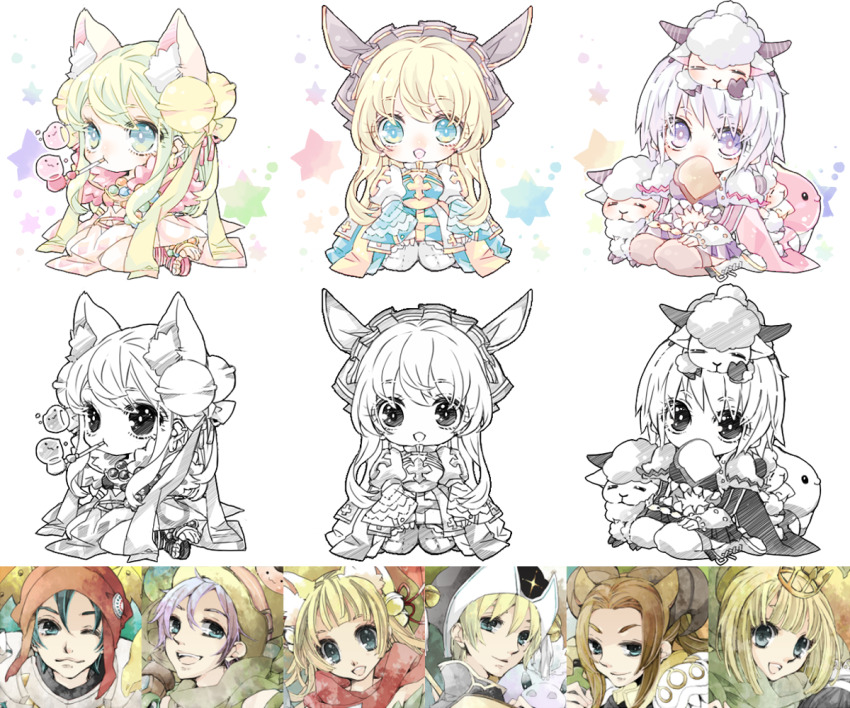 4boys 5girls amistr_(ragnarok_online) arch_bishop_(ragnarok_online) argyle_clothes argyle_dress armor beanie bell blonde_hair blue_dress blue_eyes bread bread_slice brown_hair brown_horns brown_thighhighs chibi chibi_only cleavage_cutout closed_mouth clothing_cutout commentary_request cross crown dress fishnet_thighhighs fishnets food food_in_mouth full_body fur_collar genetic_(ragnarok_online) green_eyes green_hair green_scarf hair_bell hair_ornament hat headdress horns hotate_(pixiv11131971) jingle_bell juliet_sleeves long_hair long_sleeves looking_at_viewer mouth_hold multiple_boys multiple_girls noah_hat_(ragnarok_online) one_eye_closed open_mouth pauldrons pink_sandals poring puffy_sleeves purple_eyes purple_hair ragnarok_online ranger_(ragnarok_online) red_hat red_scarf royal_guard_(ragnarok_online) sandals sash scarf seiza sheep short_hair shoulder_armor simple_background sitting slime_(creature) smile smoking_pipe sorcerer_(ragnarok_online) thighhighs toast toast_in_mouth two-tone_dress white_background white_dress white_hair white_thighhighs yellow_sash