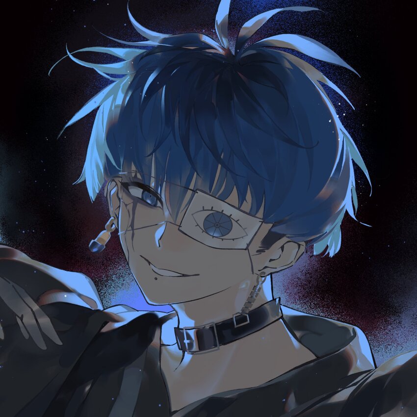 1boy belt_collar black_background black_hair blue_eyes blue_hair chin_piercing collar commentary earrings empty_eyes eye_print eyepatch grin haidai_qingtang_(biology447) highres jewelry looking_at_viewer male_focus mismatched_earrings multicolored_hair omokage_yugamu portrait print_eyepatch roots_(hair) short_hair sideburns simple_background smile solo the_hundred_line_-last_defense_academy-