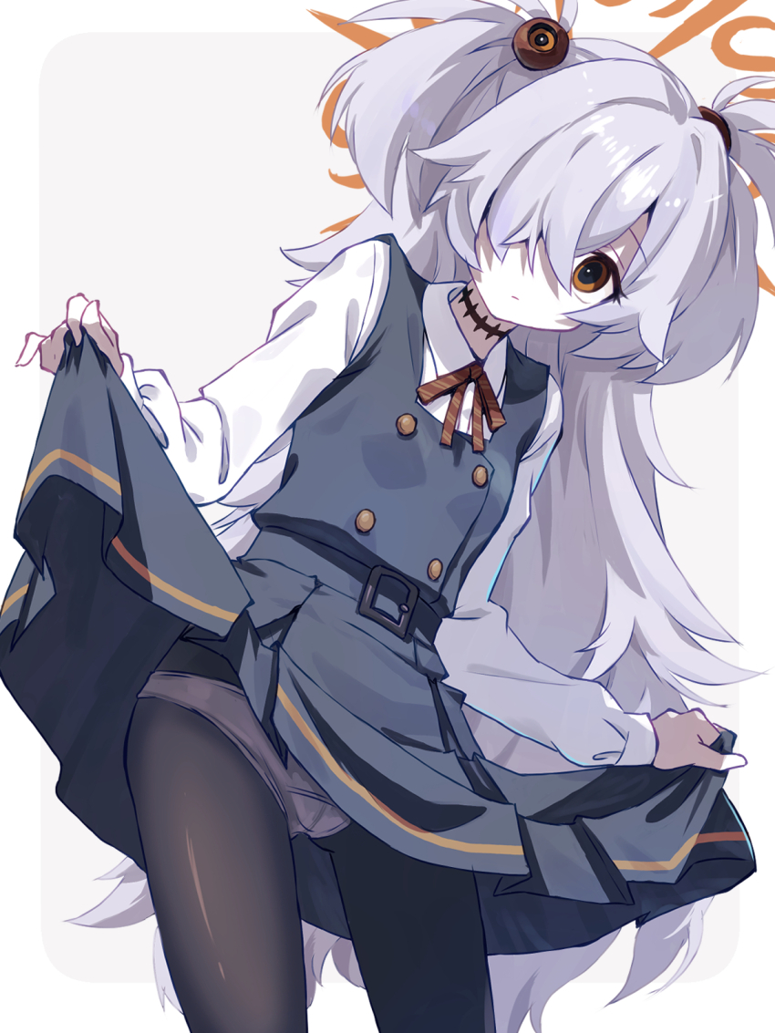 1girl :/ akayama_yukihe belt black_belt black_eyes black_pantyhose blue_archive breasts bright_pupils brown_eyes brown_ribbon buttons closed_mouth clothes_lift collared_shirt commentary cowboy_shot diagonal-striped_ribbon double-breasted dress dress_lift eyeball_hair_ornament gluteal_fold grey_dress grey_hair hair_between_eyes hair_intakes hair_over_one_eye halo hands_up high-waist_pantyhose highres kanoe_(blue_archive) leaning_to_the_side lifting_own_clothes loli long_bangs long_hair long_sleeves looking_at_viewer multicolored_eyes neck_ribbon no_nose one_eye_covered orange_halo panties panties_under_pantyhose pantyhose pinafore_dress ribbon scar scar_on_neck shirt simple_background sleeveless sleeveless_dress small_breasts solo spiked_hair standing thighs two-tone_eyes two_side_up underwear very_long_hair white_background white_panties white_pupils white_shirt