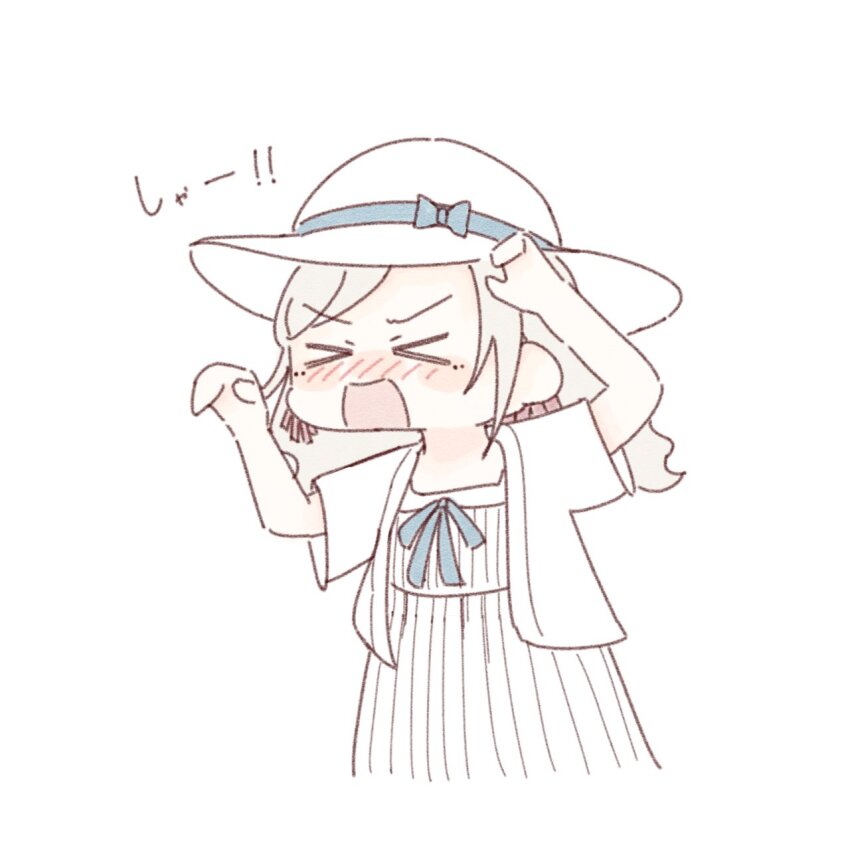 &gt;_&lt; 1girl amano_tatsu blue_bow blue_ribbon blush bow ceras_yanagida_lilienfeld ceras_yanagida_lilienfeld_(summer_casual) claw_pose cowboy_shot cropped_legs deformed dress dress_ribbon embarrassed hat hat_bow highres hissing jacket link!_like!_love_live! love_live! nose_blush open_clothes open_jacket open_mouth ribbon short-sleeved_jacket short_sleeves simple_background solo v-shaped_eyebrows virtual_youtuber white_background white_dress white_hat