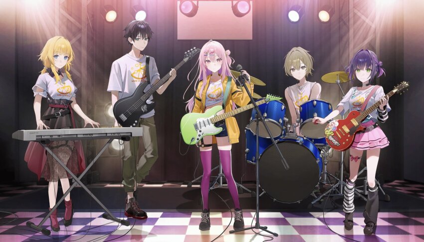 2boys 3girls bare_shoulders bass_guitar black_hair black_shoes black_skirt blonde_hair blue_eyes blue_shorts closed_mouth drum electric_guitar flatshi green_eyes green_pants guitar hair_between_eyes hair_bun high-waist_skirt highres holding holding_microphone instrument jacket keyboard_(instrument) long_hair long_skirt looking_at_viewer microphone miniskirt multicolored_skirt multiple_boys multiple_girls music pants pink_eyes pink_hair pink_skirt playing_instrument purple_hair purple_thighhighs red_skirt red_socks see-through_clothes see-through_skirt shirt shoes short_hair shorts sidelocks single_side_bun skirt sleeveless sleeveless_shirt socks thighhighs white_shirt yellow_jacket yuzu-soft