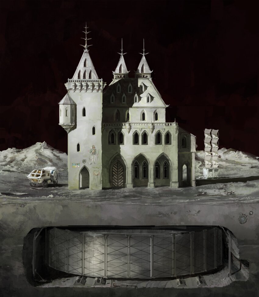 absurdres arch cross-section highres hill house moon motor_vehicle no_humans original planetary_rover scenery space underground van whaleoil