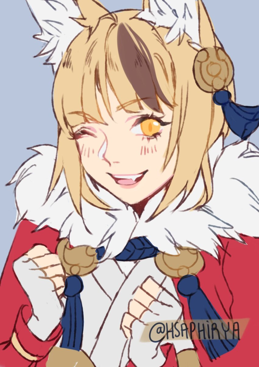 1girl animal_ears blonde_hair brown_hair fire_emblem fire_emblem_fates fox_ears fox_girl fox_tail fur_trim hair_ornament highres japanese_clothes multicolored_hair nintendo open_mouth saphirya selkie_(fire_emblem) short_hair smile solo streaked_hair tail two-tone_hair yellow_eyes