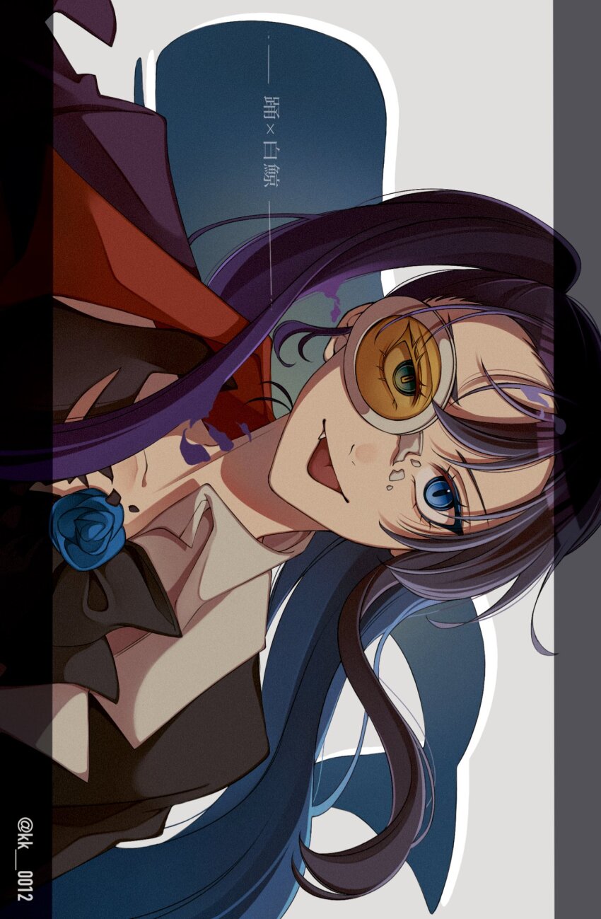 2girls ado_(utaite) black_hair blue_eyes blue_hair brooch chando_(ado) colored_inner_hair commentary fang flower_brooch hashtag-only_commentary highres jewelry keeko_(kk_0012) long_hair looking_at_viewer multicolored_hair multiple_girls odo-chan_(ado) odo_(song) open_mouth sideways_glance solo split_theme tinted_eyewear tongue tongue_out utaite yellow-tinted_eyewear