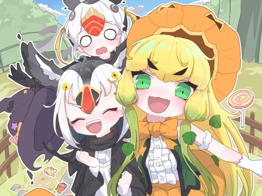 3girls atlantic_puffin_(kemono_friends) bare_shoulders bird_girl bird_wings black_hair black_jacket black_scarf blonde_hair blush bow bowtie candy center_frills closed_eyes fangs food frills gloves green_eyes green_hair green_vest hair_between_eyes hat head_wings jack-o&#039;-lantern_(kemono_friends) jacket kemono_friends kemono_friends_3 long_hair long_sleeves multicolored_hair multiple_girls open_clothes open_jacket open_mouth open_vest orange_bow orange_bowtie pumpkin_hat pumpkin_shorts red_hair sarutori scarf shirt short_hair sidelocks smile sweater tufted_puffin_(kemono_friends) vest white_gloves white_hair white_shirt white_sweater wings witch_hat