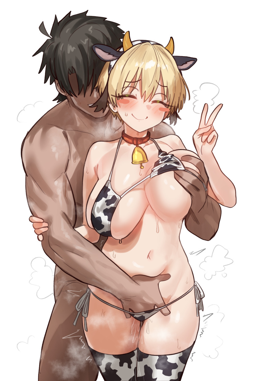 1boy 1girl absurdres animal_ears animal_print bell bikini black_hair blonde_hair blush breasts closed_eyes cow_ear_hairband cow_print cow_print_bikini cow_print_thighhighs cowbell ebora fake_animal_ears fate/grand_order fate_(series) fingering gareth_(fate) grabbing_another&#039;s_breast groping hand_up highres large_breasts navel non-web_source print_bikini print_thighhighs pussy_juice short_hair smile swimsuit thighhighs v