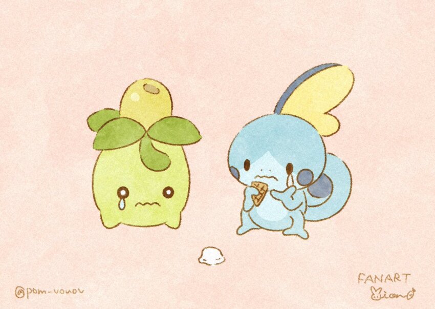 artist_name black_eyes closed_mouth creatures_(company) crying food full_body game_freak gen_8_pokemon holding ice_cream looking_down mian_(user_kwcj2833) nintendo no_humans plant pokemon pokemon_(creature) simple_background smoliv sobble tail tearing_up