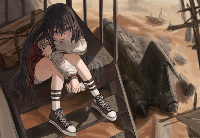 1girl abandoned absurdres aircraft airplane black_hair black_shoes blue_eyes desert female_focus gold_can hair_between_eyes highres holding jacket jet juice_box long_hair looking_at_viewer original railing sand shoes shorts sitting socks solo stairs very_long_hair