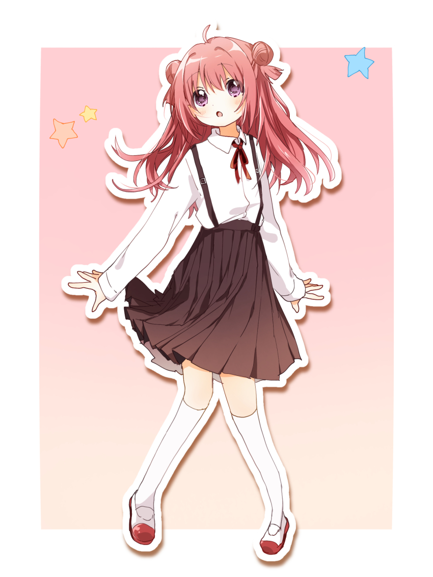 1girl :o ahoge akaza_akari alternate_costume blouse blush bow double_bun full_body hair_bobbles hair_bun hair_ornament highres kneehighs long_hair long_sleeves looking_at_viewer migimiya_yoru neck_ribbon open_mouth pink_hair purple_eyes red_hair ribbon school_uniform shirt shoes simple_background skirt socks solo standing star_(symbol) surprised suspenders uwabaki white_shirt white_socks yuru_yuri