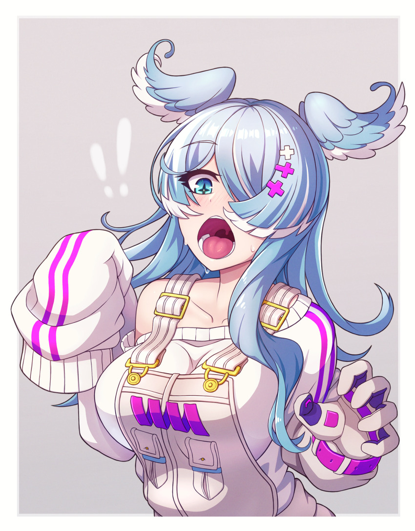 ! !! 1girl blue_eyes blue_hair blush breasts collarbone diamond-shaped_pupils diamond_(shape) elira_pendora elira_pendora_(1st_costume) gloves hair_ornament hair_over_one_eye hairclip head_wings highres large_breasts long_hair long_sleeves nijisanji nijisanji_en nose_blush open_mouth overalls poifuru single_glove single_off_shoulder sleeves_past_fingers sleeves_past_wrists solo sweat symbol-shaped_pupils teeth uvula virtual_youtuber wings