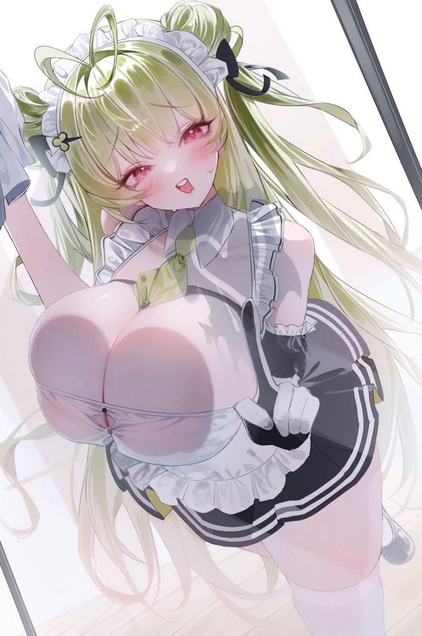 1girl amu1207 antenna_hair apron bare_shoulders between_breasts black_bow black_dress black_gloves black_shoes blush bow breasts buttons clover_hair_ornament collarbone commentary cowboy_shot detached_collar detached_sleeves double_bun dress drooling english_commentary eyelashes frills gloves goddess_of_victory:_nikke green_hair green_necktie hair_bow hair_bun hair_ornament handkerchief hands_up heart heart_antenna_hair highres holding holding_handkerchief huge_breasts long_hair looking_at_viewer maid maid_for_you_(nikke) maid_headdress necktie necktie_between_breasts open_mouth pink_eyes pointing pointing_at_viewer shoes short_dress short_sleeves simple_background sleeveless sleeveless_dress smile soda_(nikke) solo standing standing_on_one_leg sweat teeth thighhighs thighs twintails two-tone_gloves white_apron white_background white_gloves white_thighhighs wing_collar