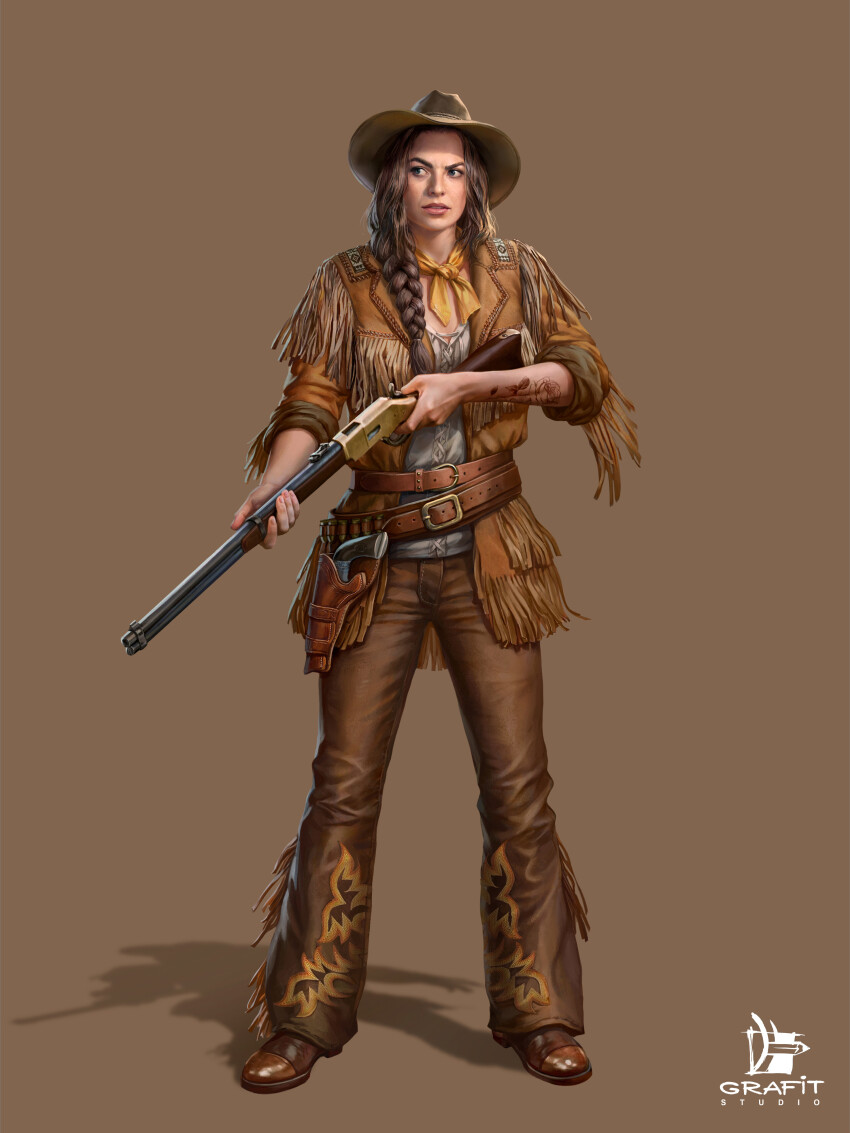 1girl absurdres arm_tattoo artist_logo belt blue_eyes braid braided_ponytail brown_background brown_belt brown_hair brown_hat brown_jacket brown_pants brown_shoes cowboy_hat cowboy_western cowgirl_(western) crossdraw_holster finger_on_trigger flower_tattoo fringe_trim full_body grafit_studio gun handgun handgun_cartridge hat highres holding holding_gun holding_weapon holster jacket kerchief lace-up_top left-handed logo long_hair looking_to_the_side open_clothes open_jacket original pants revolver rifle shadow shirt shoes simple_background solo standing tattoo weapon weapon_request white_shirt wild_frontier