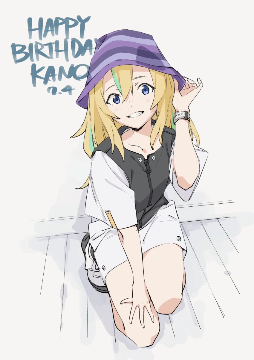 1girl blonde_hair blue_eyes blush clenched_teeth commentary green_hair hair_between_eyes hat highres kneeling long_hair looking_at_viewer multicolored_hair open_mouth popman3580 purple_hat short_sleeves shorts solo streaked_hair teeth watch white_shorts wristwatch yamanouchi_kano yoru_no_kurage_wa_oyogenai zipper_pull_tab