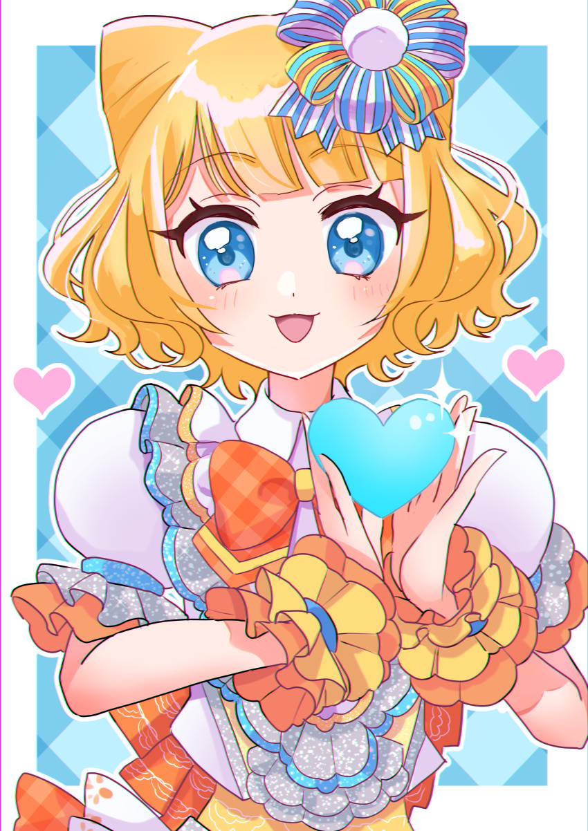 1girl :d absurdres blonde_hair blue_background blue_eyes blunt_bangs border bow bowtie dress heart highres holding holding_heart idol_clothes looking_at_viewer madori_(1ldkplanet) minami_mirei multicolored_dress open_mouth pretty_series pripara puffy_short_sleeves puffy_sleeves red_bow red_bowtie short_hair short_sleeves smile solo upper_body white_border wrist_cuffs