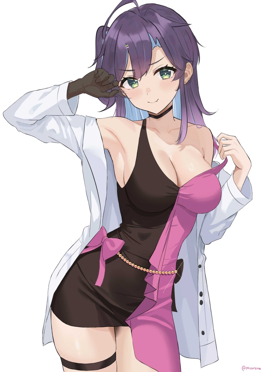 1girl absurdres ahoge armpit_crease armpits asymmetrical_dress black_gloves bow breasts bright_pupils closed_mouth collarbone colored_inner_hair commentary cowboy_shot double-parted_bangs dress dress_bow english_commentary fang gloves green_eyes hands_up highres jacket large_breasts long_hair long_sleeves mizurena multicolored_hair off_shoulder open_clothes open_jacket original pink_bow purple_hair simple_background single_glove skin_fang sleeveless sleeveless_dress smile solo standing strap_pull thigh_strap two-tone_dress v-shaped_eyebrows white_background white_jacket white_pupils
